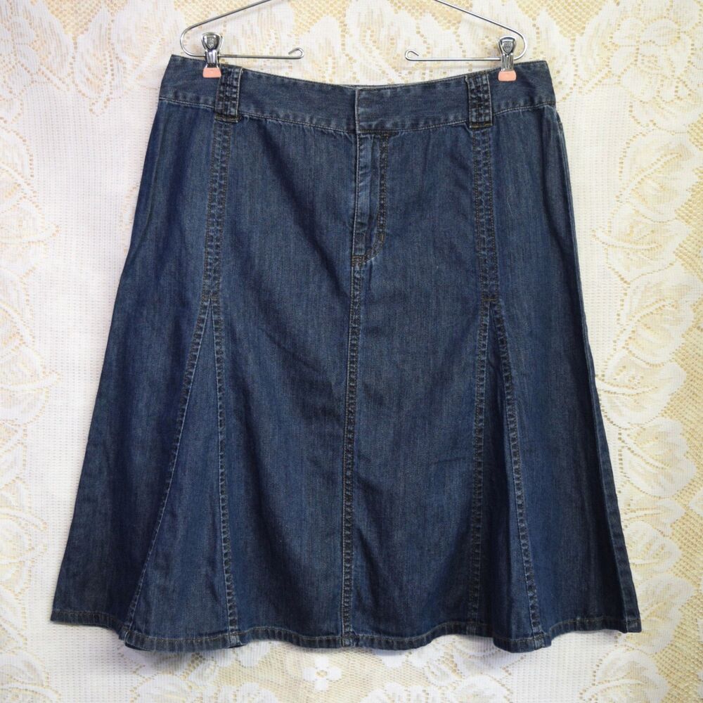 Liz Claiborne 100% Cotton Denim Jean Skirt Womens Size 14 Midi Flare Dark Wash
